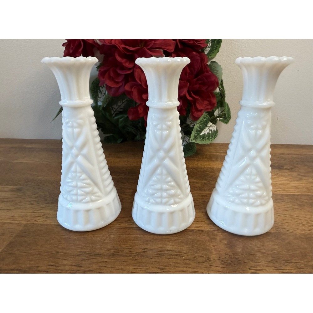 Set of 3 Vintage Milk Glass Bud Vases‎ Anchor Hocking Stars and Bars MCM Wedding